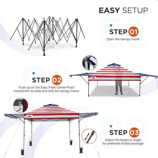 EAGLE PEAK 17x10 Pop up Gazebo Canopy Tent Outdoor Instant Canopy Shelter with Adjustable Dual Half Awnings (American Flag)