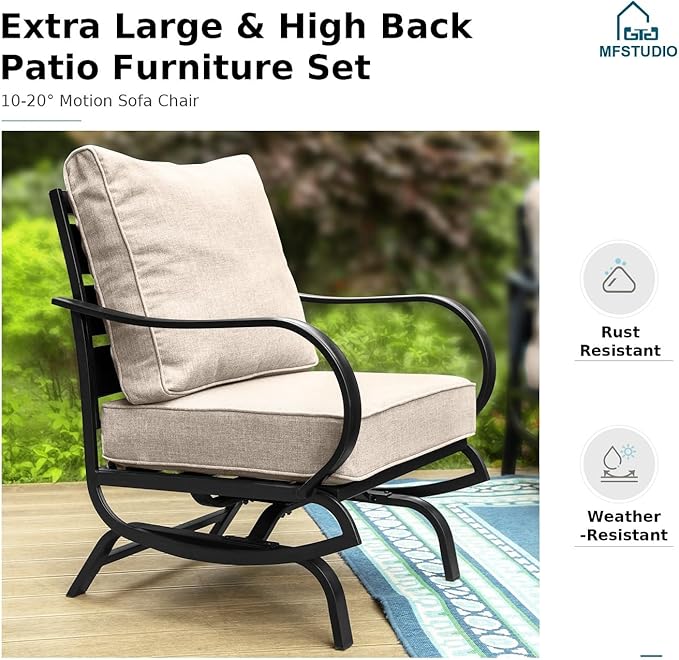 MFSTUDIO 4 Pieces Patio Conversation Sets(5 Seat),Outdoor Metal Furniture Sofas with 1 Loveseat(3 Seat), 2 Rocking Chairs,1 Coffee Table,Wrought Iron with Beige Cushion for Patio Courtyard Balcony