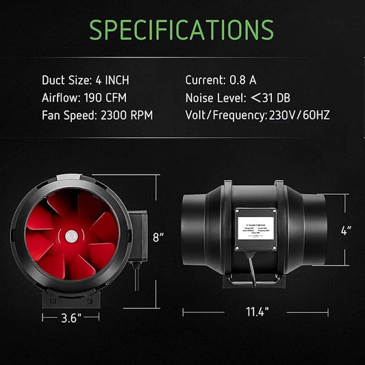 SunStream 4 Inch Grow Tent Ventilation Kit, 190 CFM Inline Fan, Carbon Filter, 25ft Ducting Compatible with 2x2/3x3 Grow Tents for Indoor Gardening, Hydroponics