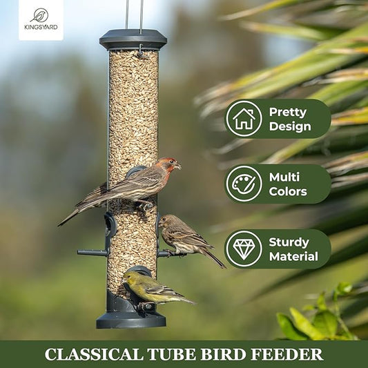 Kingsyard 2 Pack Tube Feeders with 6 Feeding Ports for Outdoors Hanging, Premium Hard Plastic Weatherproof & Steel Hanger, Attracting for Wild Birds (Black)