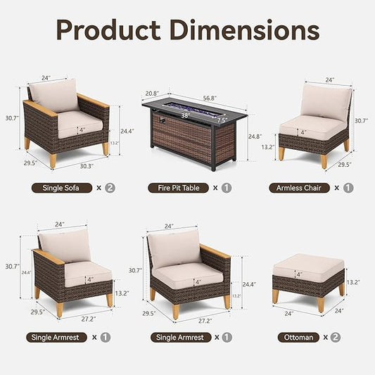 GREEN PARTY 7 Pieces Wicker Patio Furniture Set with 56" Fire Pit Table, All-Weather Outdoor Rattan Patio Sectional Sofa Conversation Set 7 Seats with 4" Thick Cushions for Garden, Backyard