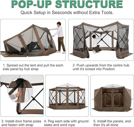 COBIZI 12x12ft Pop up Canopy Tent Gazebo on Clearance Screen Tent, Outdoor Screened Gazebo with Sidewalls, Portable Screen House for Camping with Carrying Bag and Ground Stakes, Brown(Upgraded 2.0)