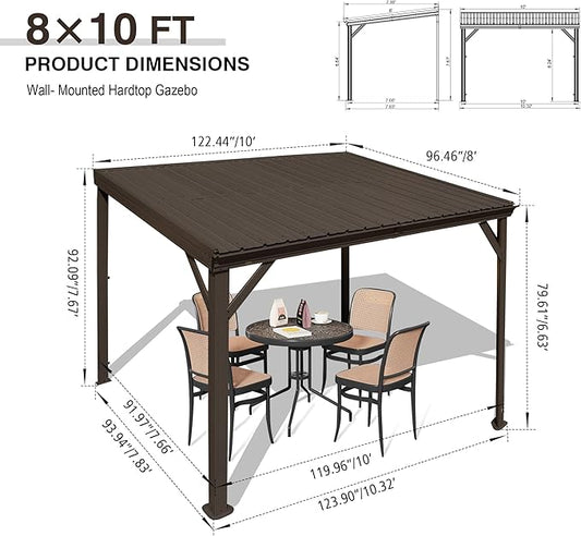 Domi 8'x10' Wall Mounted Hardtop Gazebo, Connectable Lean to Pergola with Gutters & Galvanized Steel Roof, 60MPH Wind Resistance, Outdoor Heavy Duty Metal Awning for Patio, Deck, Backyard - Brown
