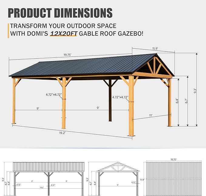 Domi 12' X 20' Hardtop Gazebo with Galvanized Steel Gable Roof and Wood Grain Aluminum Frame, Outdoor Permanent Gazebo Pavilion for Patio, Garden, Deck, Backyard