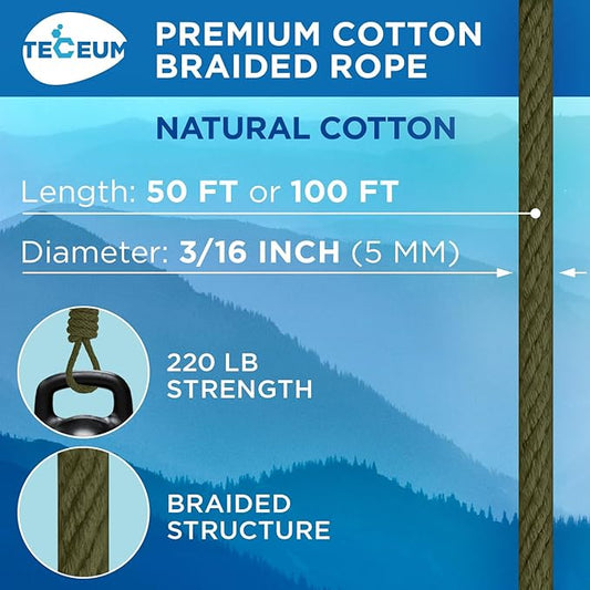 TECEUM Cotton Rope 3/16” (5 mm) – 50 FT – Strong All-Purpose Braided Rope – Natural Cotton – for Crafting, Сamping, Clothes Line, DIY, Indoor & Outdoor Use – Army Green