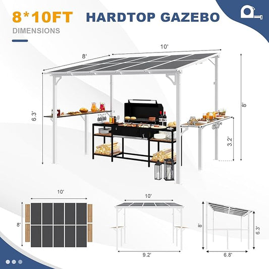 MEISSALIVVE 8' x 10' Wall Mounted Gazebo, Outdoor BBQ Grill Gazebo with Side Shelf, Lean to Metal Awnings with Sloped Roof, Heavy Duty Pergola for Backyard, Deck, White