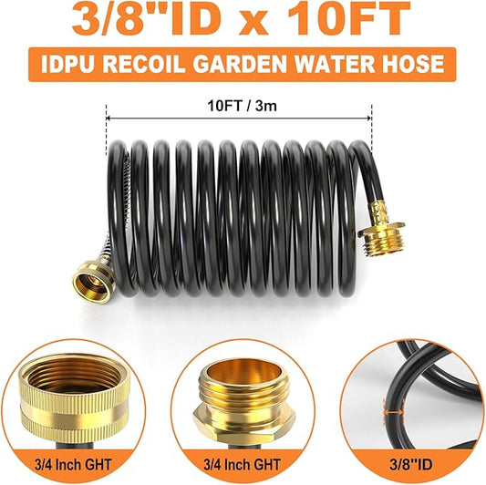 GASHER 10FT PU Recoil Garden Water Hose With 3/4" GHT Brass Fittings Retractable, Swivel Female For Boating, Pool & Spa, RV, Home And Garden