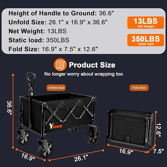 Collapsible Wagon with All Terrain Wheels, Large Grocery Cart On Wheels, 220LBS Utility Folding Wagon for Camping Shopping Beach Sports Fishing, Black