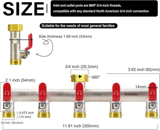 5 Way Garden Hose Splitter, Heavy Duty Brass Nickel Plated Rust Resistant Faucet Manifold, 3/4" Frost Resistant Outdoor Hose Adapter Connector,Hose Spigot Adapter with 5 large red handles