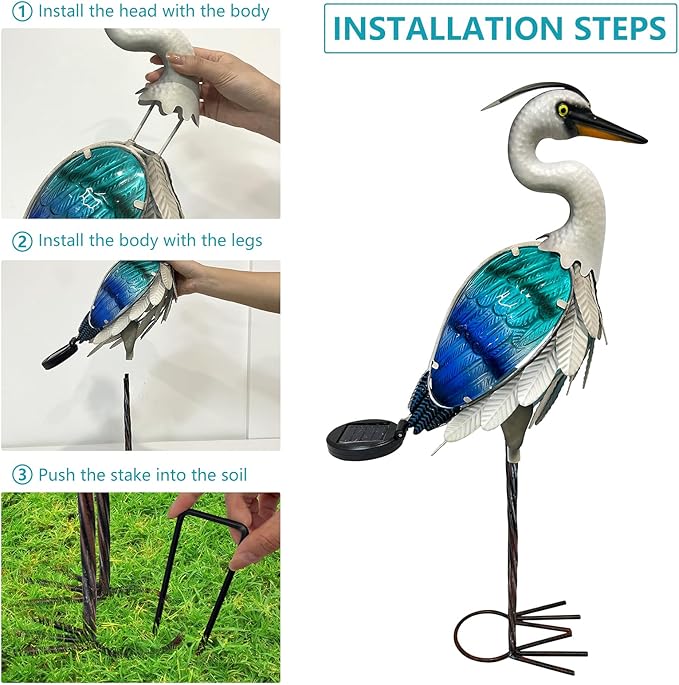 HONGLAND Solar Metal Crane Statue Garden Heron Sculpture, Glass Outdoor Heron Yard Art Coastal Ocean Bird Decor Lawn Ornament for Backyard Porch Patio Decor(24 Inch)