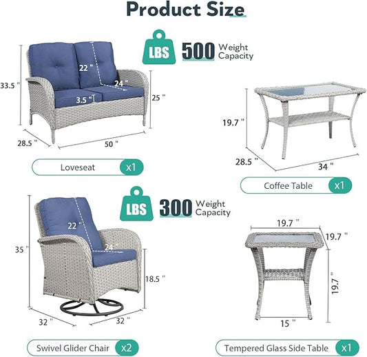 5 Piece Patio Furniture Set - Wicker Patio Conversation Set with Swivel Glider, Loveseat Bench, Tempered Glass Side Table and Coffee Table for Deck Backyard - Light Beige Wicker Blue Cushion