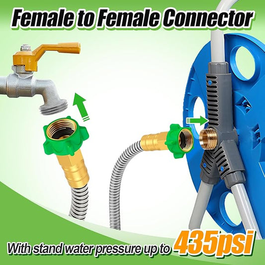 Female to Female Leader Hose for Hoses Reel, 15ft Metal Leakproof Short Garden Hose Connector, Heavy Duty 304 Stainless Steel Flexible Water Pipe for Outdoor Garden Watering Car Pet Cleaning