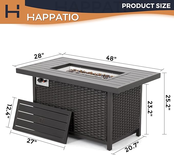 HAPPATIO Propane Fire Pit Table - 48 inch 50,000 BTU Aluminum Outdoor Patio Fire Pit,Wicker & Aluminum Rectangular Propane Gas Fire Pit, Clear Glass Rock and Tabletop Lid, Black PE Rattan(Brown)