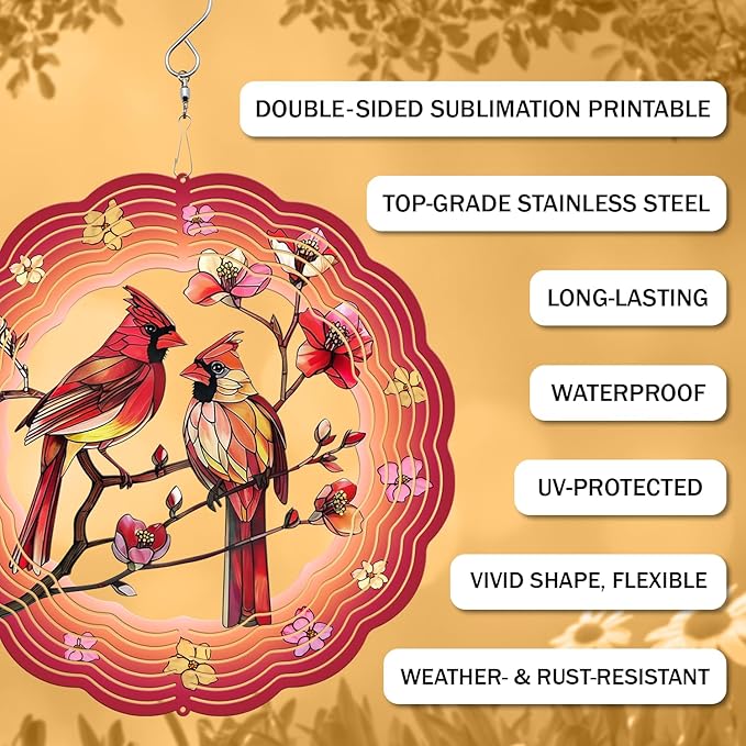 Cardinal Wind Spinner, 3D Hanging Stainless Steel Garden Spinner, Wind Spinner Hanging for Outdoor & Indoor Décor, Unique Gifts for Yard Garden Decoration or Patio Décor