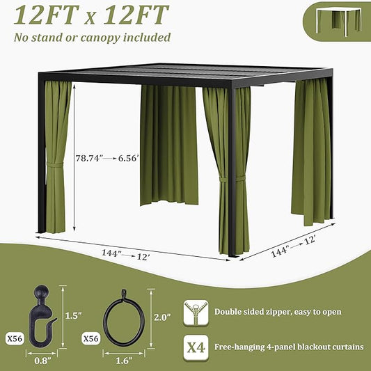 Gazebo Universal Replacement Privacy Curtain,12'×12' Gazebo Outdoor Waterproof Curtains, 4-Panels Sidewall Curtains with Double Zipper for Patio Canopy, Garden and Backyard (Curtain Only)