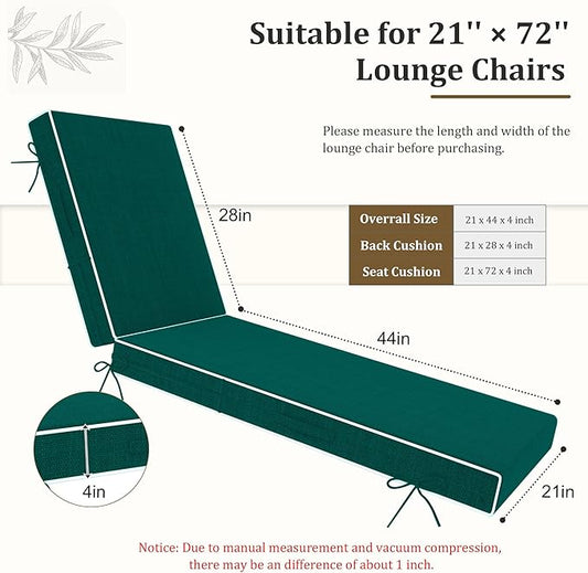 Chaise Lounge Cushions Outdoor Furniture 72 x 21 Inch Olefin Patio Lounge Chair Cushions 4'' Thick Waterproof Outdoor Chaise Cushion Weather Resistant Pool Lounger Cushion (Dark Green)