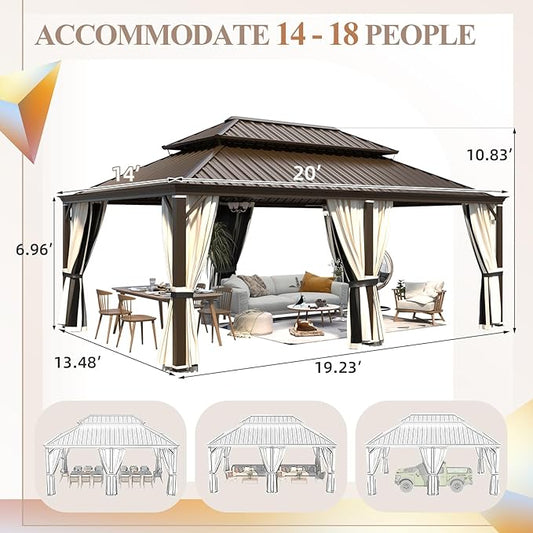 YOLENY 14' x 20' Gazebo, Galvanized Steel Double Roof Hardtop Gazebo with Aluminum Frame, Permanent Outdoor Metal Pavilion with Curtain and Netting for Patio, Lawn and Garden