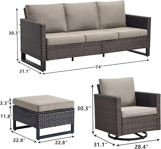 Rilyson Wicker Outdoor Patio Furniture Set - 5 Piece Patio Conversation Set with 2 Swivel Rocker Chairs,2 Rattan Ottoman and 1 Couch for Outside Porch Deck Backyard Garden(Brown/Grey)