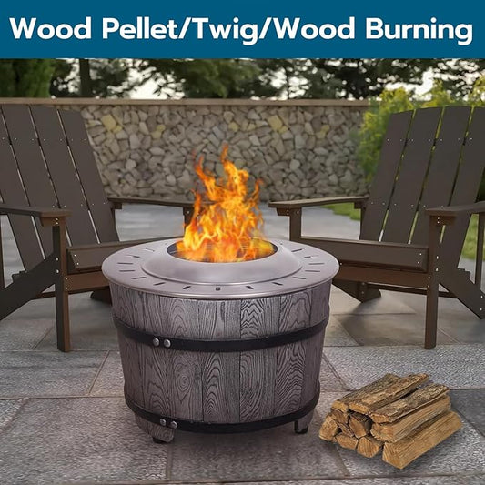 Afterglow Smokeless Fire Pit, 20.5" Round Wood Burning Stainless Steel Top and TerraFab Material Base,Firepit with Weather Cover Perfect for Outdoor Patio Garden, Wood Grain Gray
