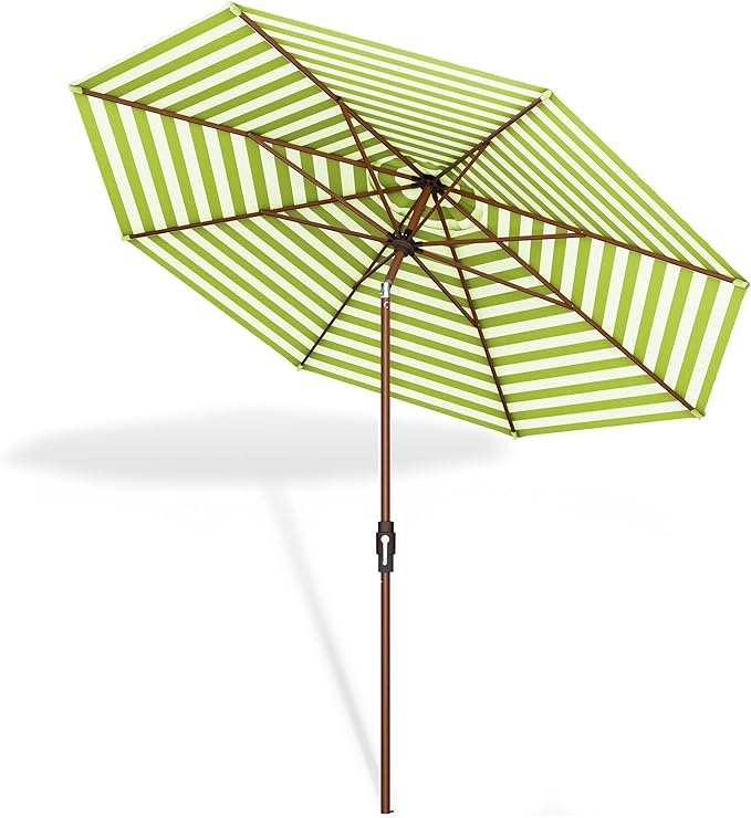 Midtown Umbrellas The Wooden 2-10 Feet Large Patio Umbrella, Terylast Green & White Stripes Fabric, Aluminum Frame For Backyard Umbrella, Deck Umbrella, Garden Umbrella & Pool Umbrella - Wooden Pole