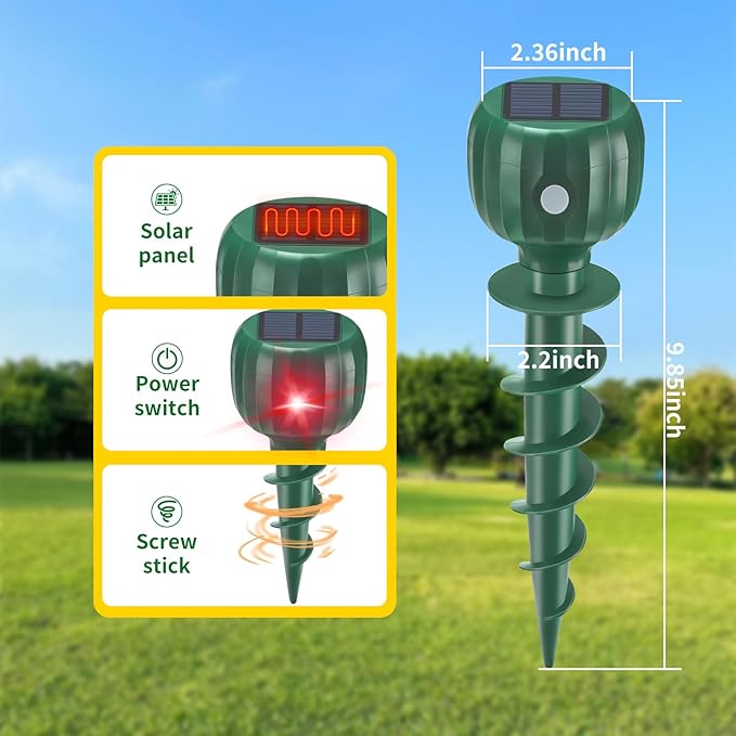 Solar Powered Mole Repellent, 6 Pack Ultrasonic Snake Repellent Outdoor, Waterproof Screw Shape Sonic and Vibration Mole Deterrent Stakes, Get Rid of Voles, Gophers, Groundhogs for Lawns & Garden