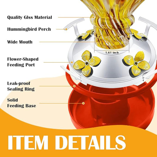ruiyi itm Glass Hummingbird Feeder with Ant Moat 25.4 OZ Large Capacity Hand Blown Glass Yellow Hanging Bird Feeder for Backyard Garden Outdoors Decorations with S Hook Brus Gift for Bird Lovers