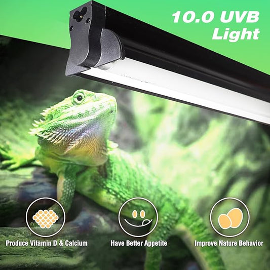 Hypool T8 Strip UVB UVA Reptile Lighting Fixture with 18-Inch 15 Watt UVB 10.0 Fluorescent Bulb Combo Kit, 10-Percent UVB Desert Pet Habitat Light for Reptiles Amphibian Black
