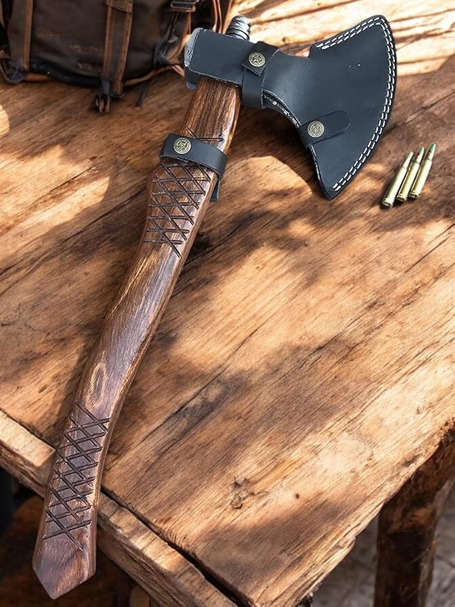 AX-7000 Custom Gift Forged Damascus Steel Vintage Axe with Rose Wood Shaft, Viking Bearded Camping Axe (AX-7000) (AX-8194)