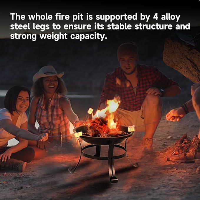 22-Inch Portable Round Metal Fire Pit Set, Durable Wood Burning Fireplace/Firepit with Steel Bowl, Mesh Lid, Poker, and Cover
