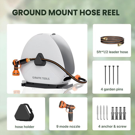 Giraffe Tools Retractable Hose Reel with 1/2 Inch x 100FT, Heavy Duty Ground Mount Garden Hose Reel, Automatic Rewind,with 9-Function Sprayer Nozzle & Flexible Swivel Base