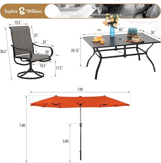 Sophia & William Patio Set with Umbrella 8 Pieces Outdoor Dining Set for 6 with 13ft Double-Sided Patio Umbrella Red, 6 x Swivel Patio Chairs, 1 Metal Table for Lawn Garden