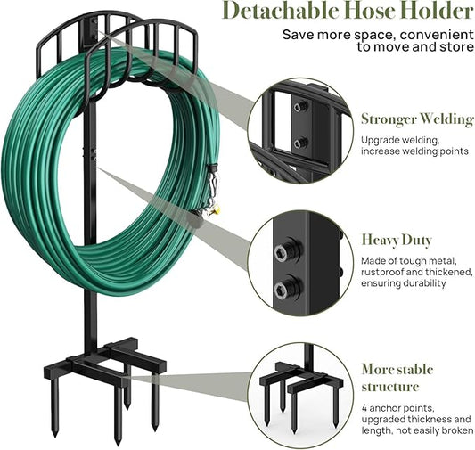 Garden Hose Holder Detachable Heavy Duty Metal Water Hose Hanger, Freestanding Hose Storage Stand Rack for Outside (Black)