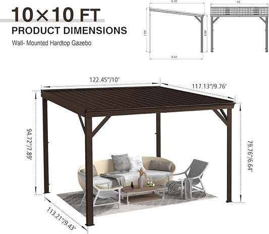 Domi 10'x10' Lean to Gazebo Hardtop, Expandable Wall Mounted Pergola with Gutters & Galvanized Steel Roof, 60MPH Wind Resistance, Outdoor Heavy Duty Metal Awning for Patio, Deck, Backyard - Brown
