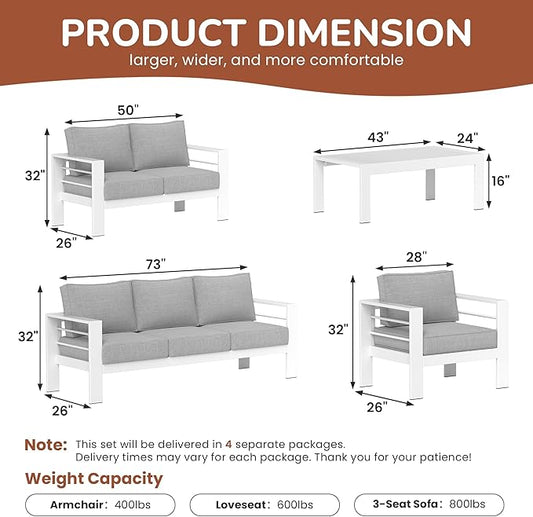 Solaste Aluminum Patio Furniture Set for All Weather, Oversized Metal Outdoor Furniture Set with 27.5" Deep Seating and 3.2" Wide Armrest, Outdoor Patio Conversation Set with 5" Cushion, White