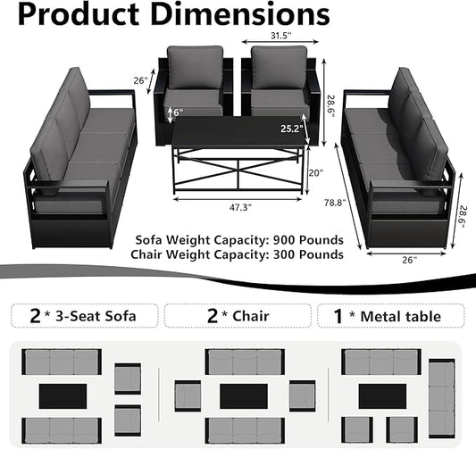 Outdoor Patio Furniture Set, 5-Piece Aluminum Patio Conversation Set All-Weather Metal Outdoor Sectional with 6 Inch Thick Cushions, Deep Setting for Garden, Outside and Porch