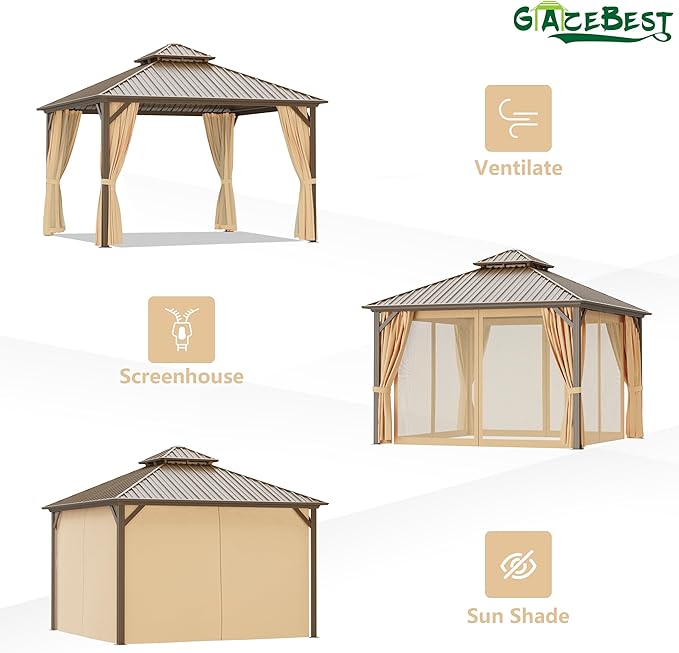 12x12 ft Hardtop Gazebo Outdoor Aluminum Patio Gazebo Double Roof Galvanized Steel Canopy with Netting and Curtains for Garden, Backyard,Deck and Lawns