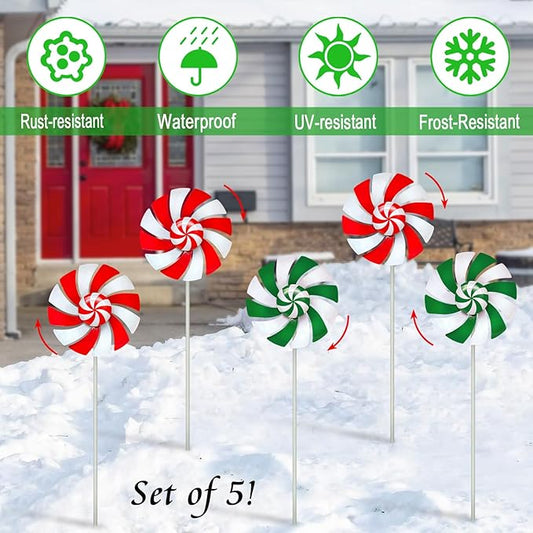 5 Pack Metal Colorful Candy Wind Spinners Outdoor,Lollipop Christmas Decorations Outside,Yard Stake for Garden,Lawn Ornament
