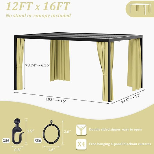 Gazebo Universal Replacement Privacy Curtain,12'×16' Gazebo Outdoor Waterproof Curtains, 4-Panels Sidewall Curtains with Double Zipper for Patio Canopy, Garden and Backyard (Curtain Only)