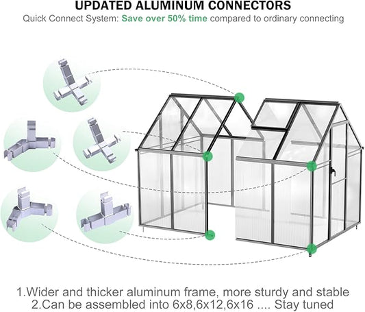 Polycarbonate Greenhouse, 8.2x6.2 FT Easy Assembly Aluminum Heavy Duty Greenhouses for Outdoors w/ Window, Swing Door, Walk-in Green House for Sunroom,Outside, Backyard, Garden, Black