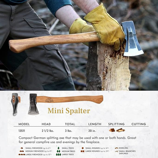 1844 Helko Werk Germany Traditional Mini Spalter - Made in Germany Compact Splitting Axe, Small Wood Splitting Hatchet - Head 2-1/2 lbs, Handle 20 in. (Mini Spalter) #13511