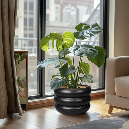 SQOWL 10 Inch Pot for Plants - Ceramic Planter for Indoor Plants Large Plant Pot with Drainage Hole Outdoor Flower Pot Decorative Round Planter for Porch House Decor Black