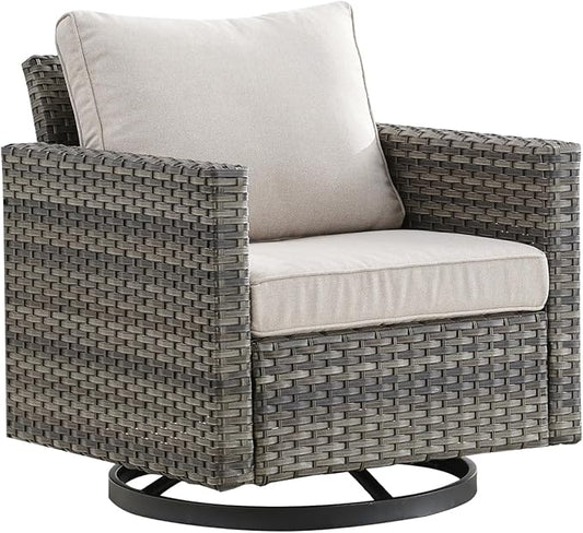 Outdoor Patio Swivel Rocker Chairs - Single Wicker Patio Swivel Rocking Chair with Waterproof Wicker,Comfortable Cushions and Sturdy Metal Frame for Outside Porch Deck Backyard(Mixed Grey/Beige/1PC)