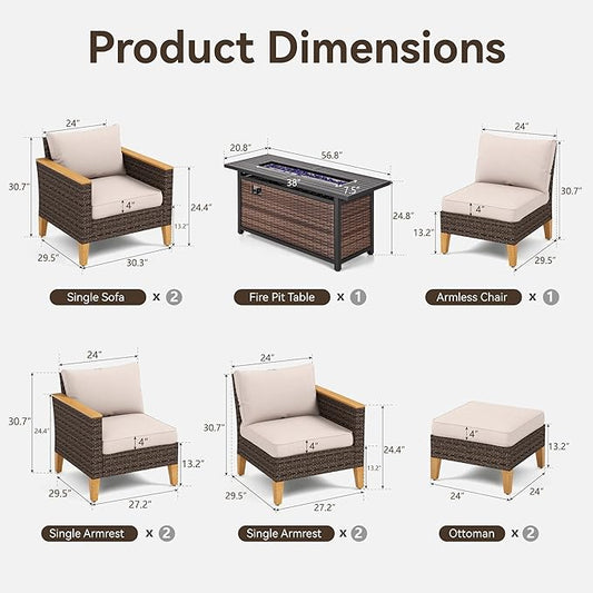 GREEN PARTY 9 Pieces Wicker Patio Furniture Set with 56" Fire Pit Table, All-Weather Outdoor Rattan Patio Sectional Sofa Conversation Set 9 Seats with 4" Thick Cushions for Garden, Backyard