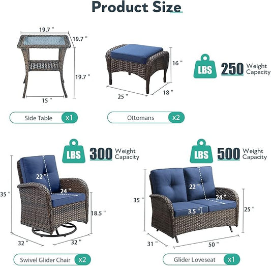 Outdoor Swivel Glider Rocker Chairs Set- 6 Piece Patio Furniture Set with A Glider Loveseat, Tempered Glass Side Table and 2 Ottoman, for Balcony, Porch - Brown Wicker, Blue Cushion