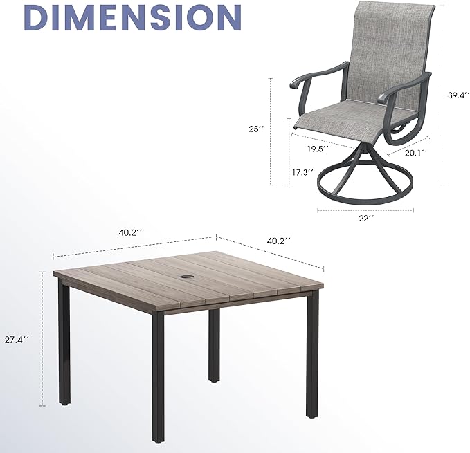 VICLLAX 5 Pieces Outdoor Dining Set, Patio Furniture Set of 4 Patio Swivel Dining Chairs and Square Patio Table, Grey Chairs & Antique Grey Tabletop