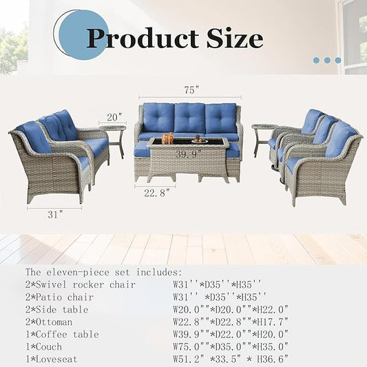 Outdoor Furniture:11 PCS Patio Furniture Set, Outdoor Furniture Set with Swivel Patio Chairs, Light Beige/Blue