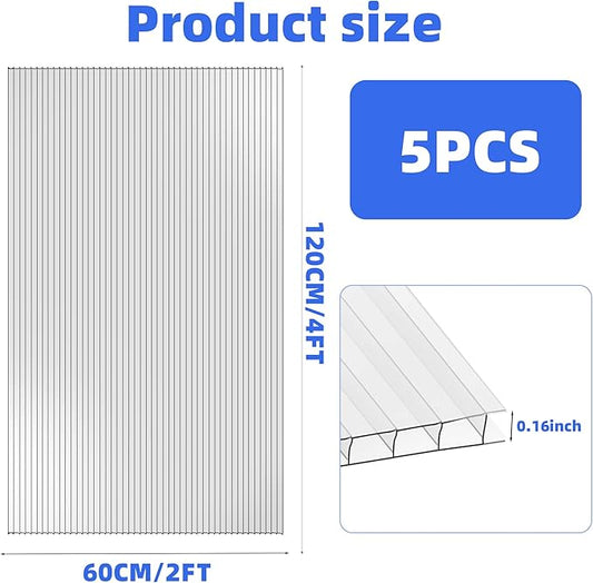 Pack 5 Polycarbonate Greenhouse Panels,Twin-Wall Polycarbonate Sheet 4' x 2' x 0.1'',Clear Polycarbonate Sheets for Greenhouse, Patio, and Roof Panels