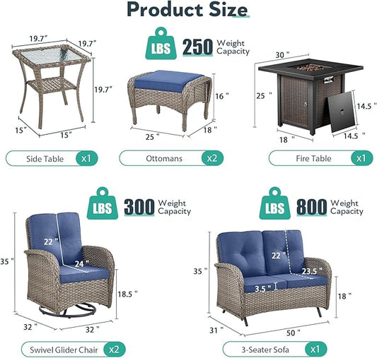 7 Piece Patio Furniture Set with Fire Pit Table - Wicker Patio Conversation Set with Swivel Glider, Glider Loveseat, Side Table and 2 Ottomans for Deck Backyard - Grey Wicker Blue Cushion