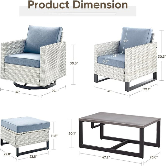 Wicker Patio Furniture Set:7 Piece Outdoor Patio Furniture Set with 2 Swivel Patio Chairs 2 Single Chairs a Coffee Table and 2 Ottomans, Light Grey Wicker/Light Blue Cushion