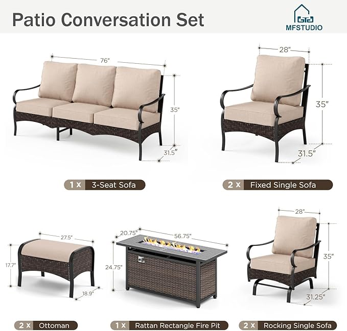 MFSTUDIO 8 PCS Outdoor Patio Furniture Set, Metal Outdoor Conversation Set, Rattan Wicker Patio Sectional, 2 x Fixed and Rocking Sofa, 3-Seat Sofa, 2 x Ottoman, 1 x Fire Pit Table, Beige
